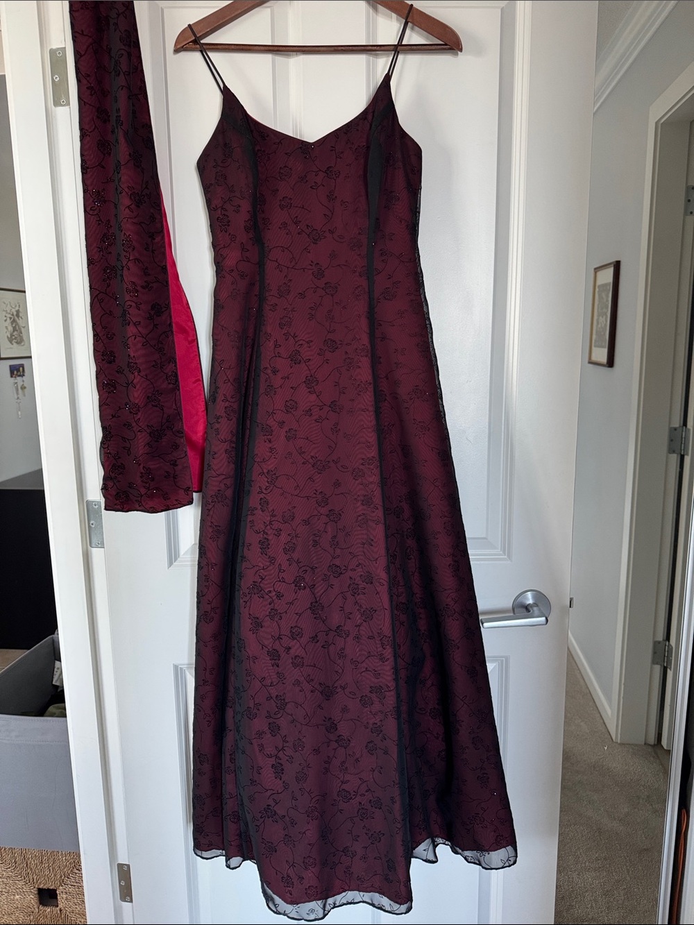 Burgundy and Black Floral Slip Prom Dress